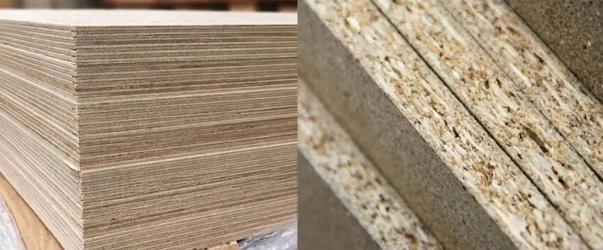 Plywood veneer layers and chipboard particle structure