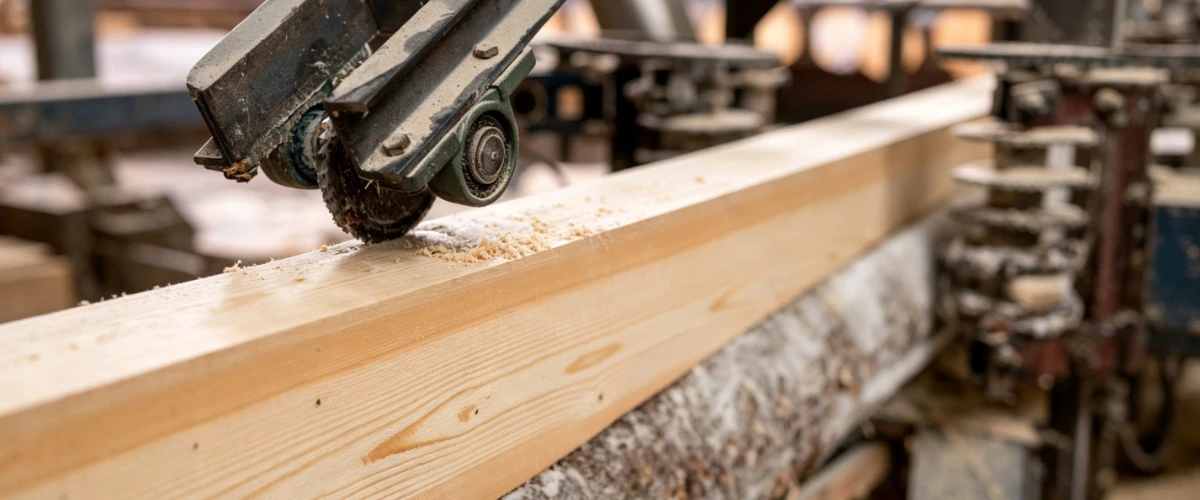 Sawmill cutting logs into sawn timber boards