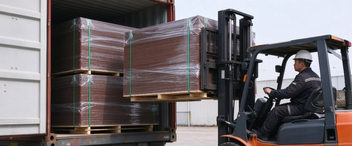 Forklift loading palletized plywood bundles into a shipping container