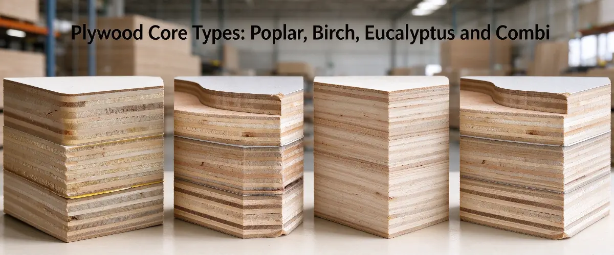 Plywood core types showing poplar, birch, eucalyptus and combi veneer layers