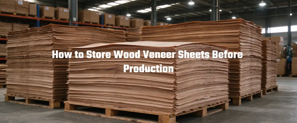 Wood veneer storage before production in a factory warehouse