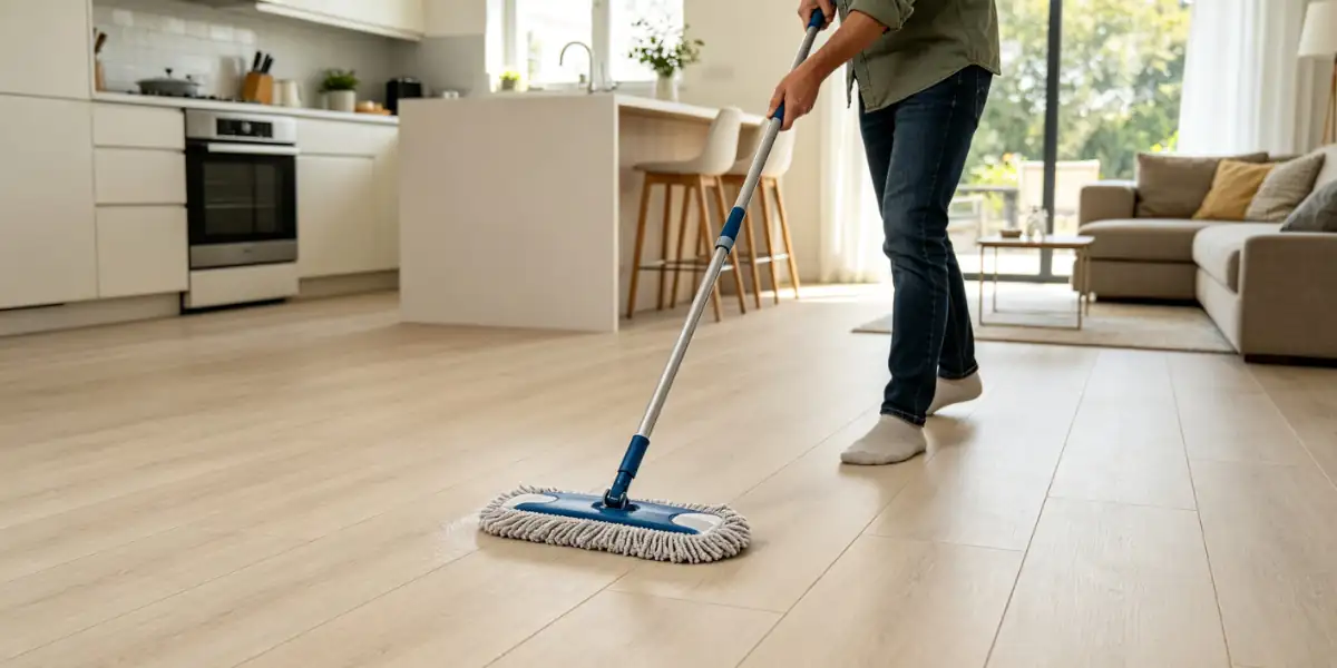 Cleaning waterproof SPC rigid core flooring with microfiber mop in bright modern home, natural daylight, realistic interior scene