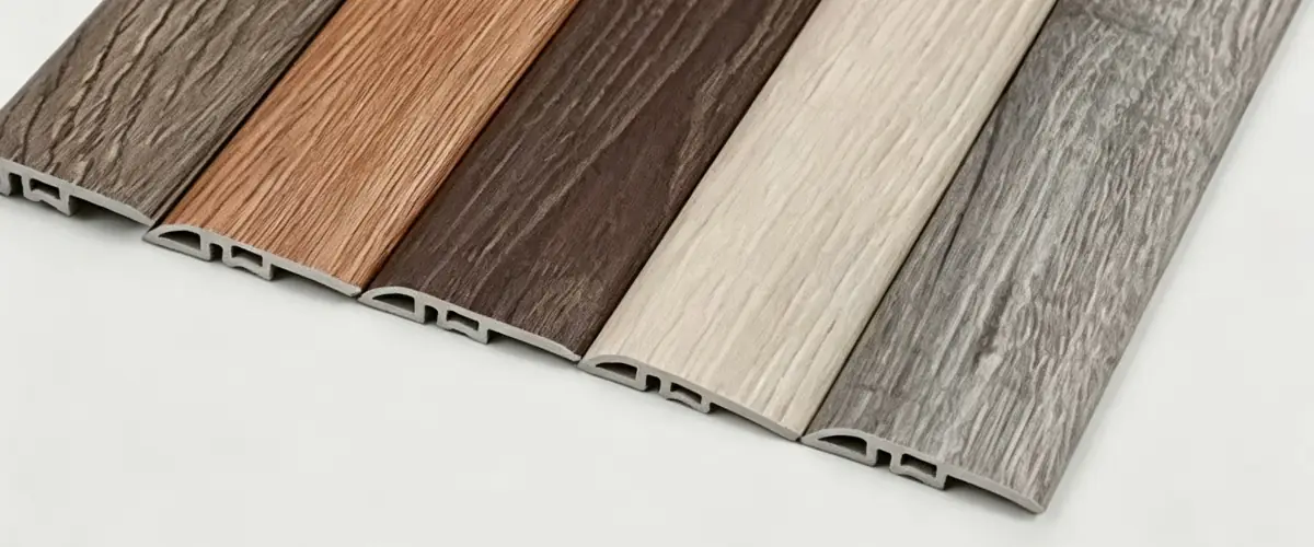 SPC flooring accessories including L-moulding, SPC flooring reducer and T-moulding displayed with matching SPC flooring planks.