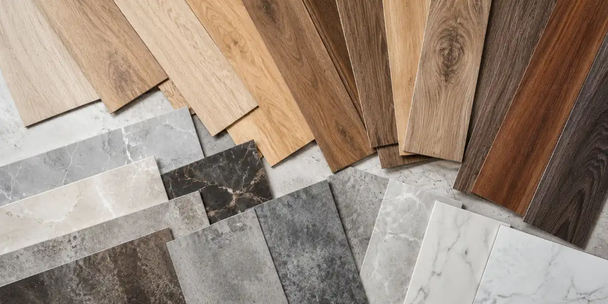 Multi color SPC vinyl flooring samples, wood grain and marble stone texture rigid core floor tiles display, modern home decoration material color card