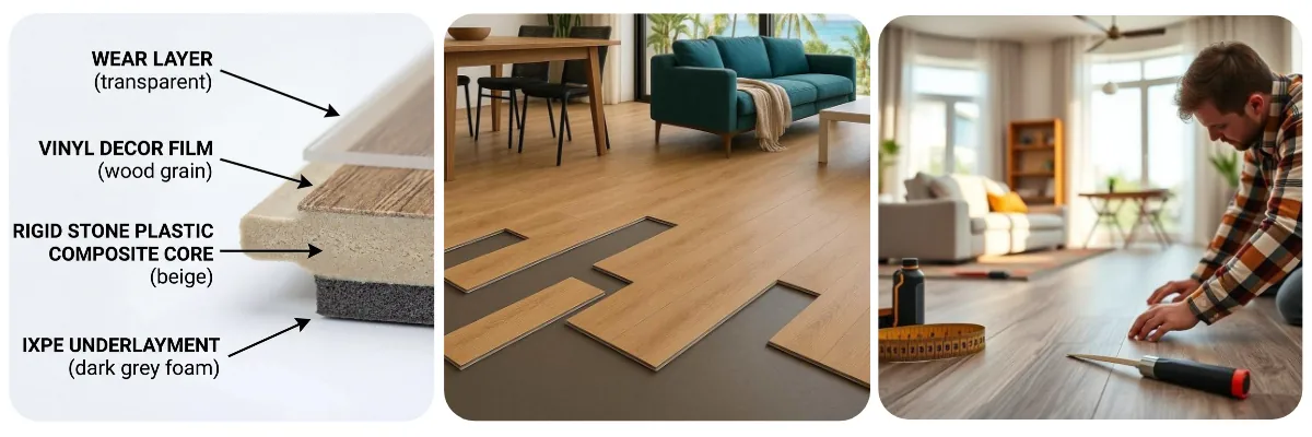 SPC flooring structure showing rigid stone composite core layers