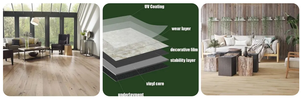 Vinyl flooring with flexible PVC core structure and wood grain design