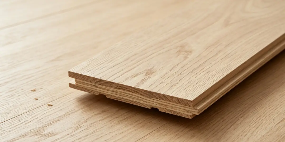 Querschnitt eines Mehrschichtparketts mit naturbelassenem Holzfurnier und mehrschichtiger Kernstruktur