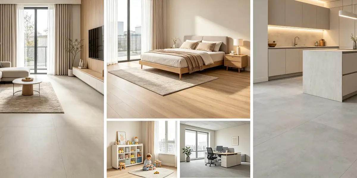 Modernes Wohnzimmer mit strapazierfähigem SPC-Bodenbelag in Holzoptik