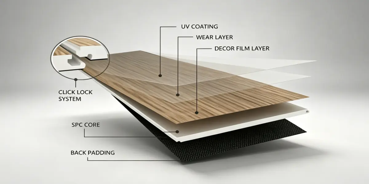 SPC flooring struAufbau eines SPC-Bodenbelags mit Nutzschicht, Dekorschicht und starrem SPC-Kerncture showing wear layer, decorative layer, and rigid SPC core construction