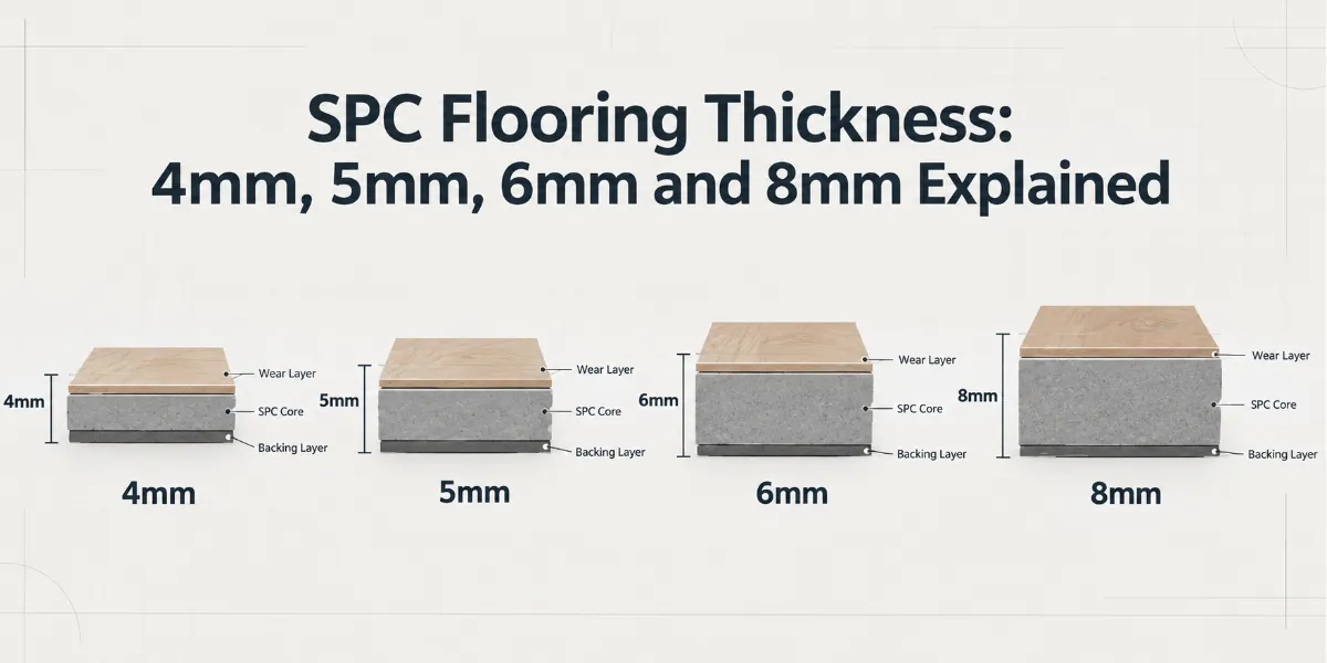 SPC flooring thickness comparison of 4mm, 5mm, 6mm and 8mm planks