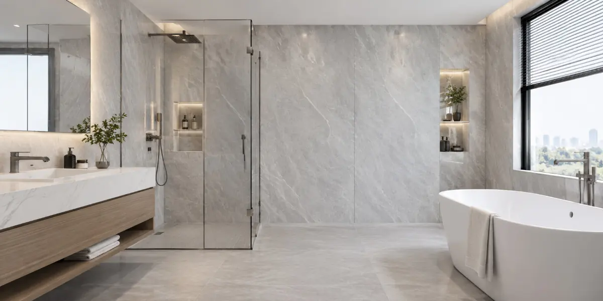 SPC wall panels installed over existing bathroom tiles