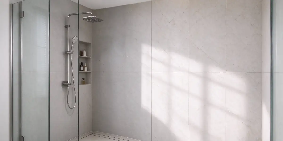 SPC wall panels installed in a bathroom shower area