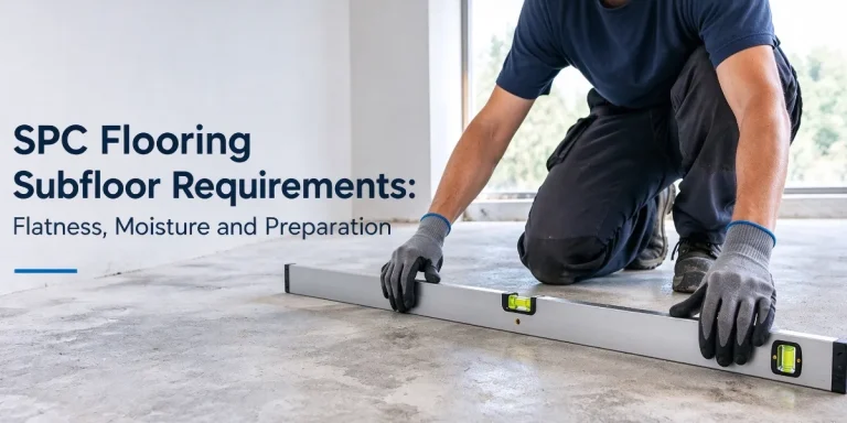 SPC flooring subfloor requirements showing a contractor checking concrete floor flatness