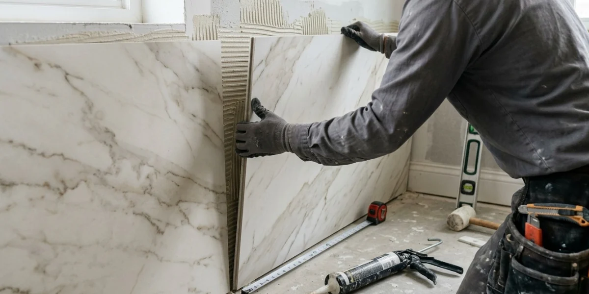 Installer fitting decorative SPC wall panels during an interior renovation