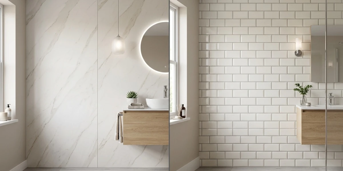 Large-format SPC wall panels in a contemporary hotel bathroom renovation